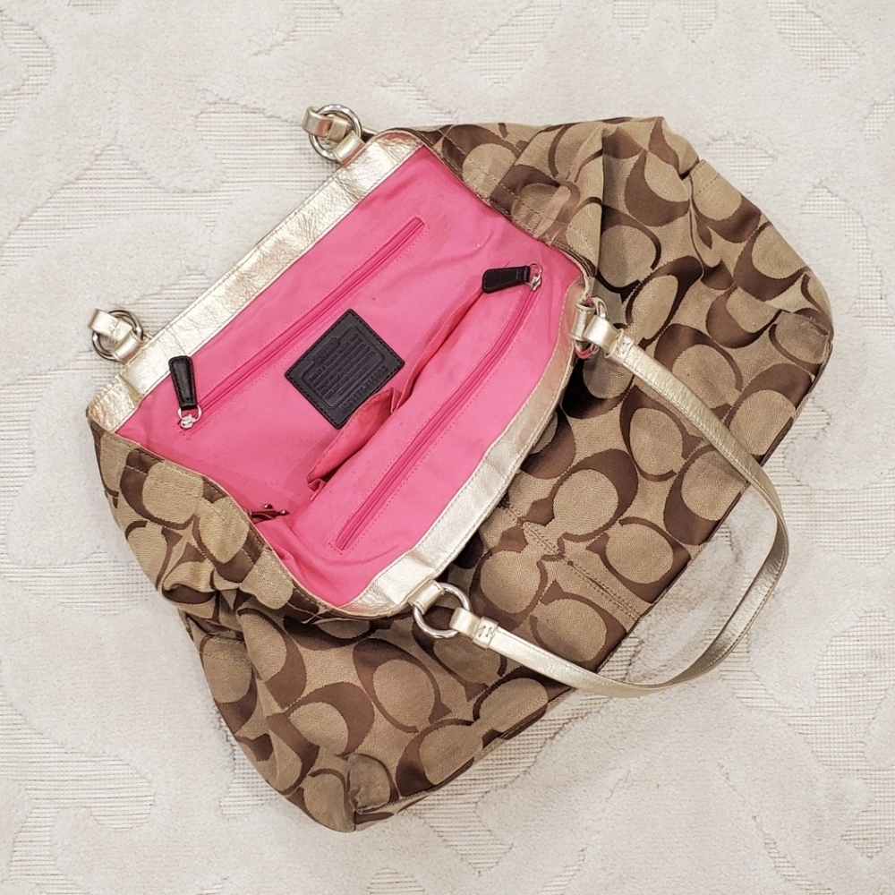 Coach Tan and Pink Signature Shoulder Bag